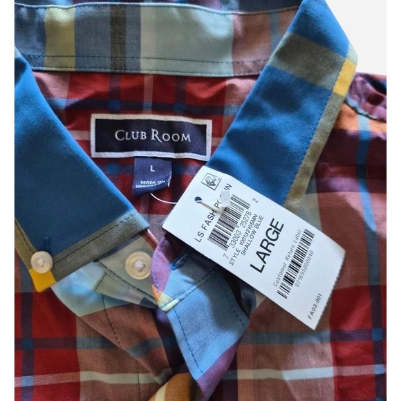 NWT Club Room Mens Large LS Fash Poplin Plaid Button Down Shirt Shallow Blue - Picture 3 of 6